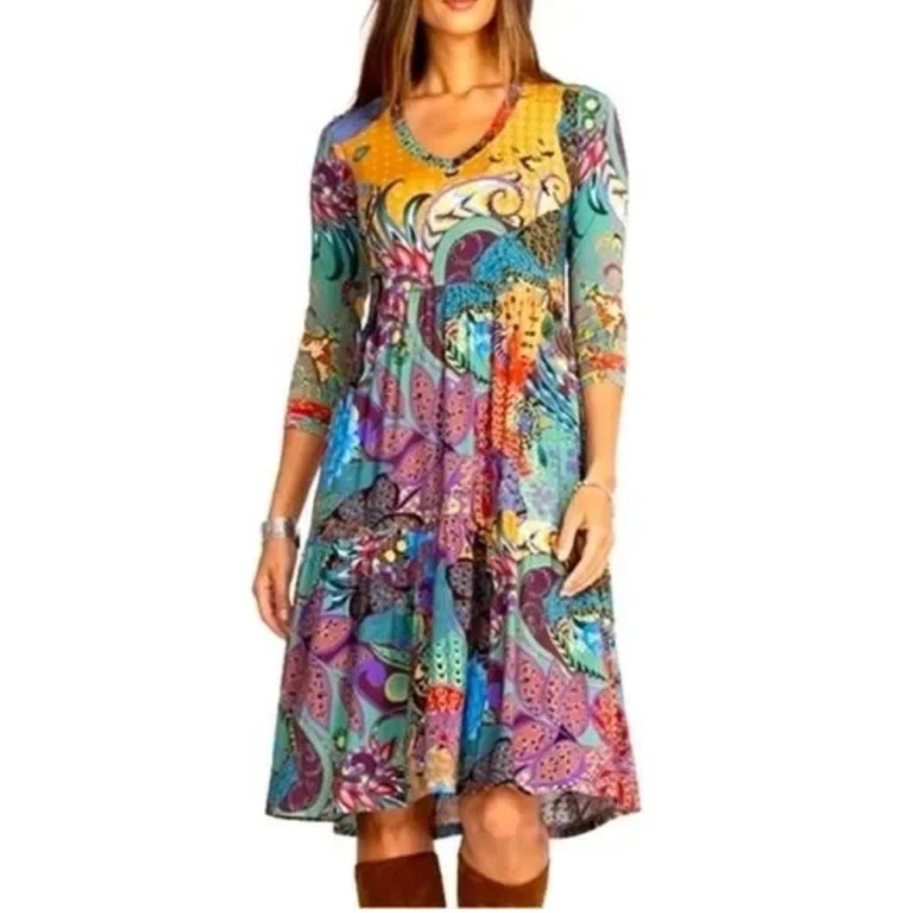 Johnny Was Madison Multicolor Bohemian Tiered‎ Dress stretch knit size Large